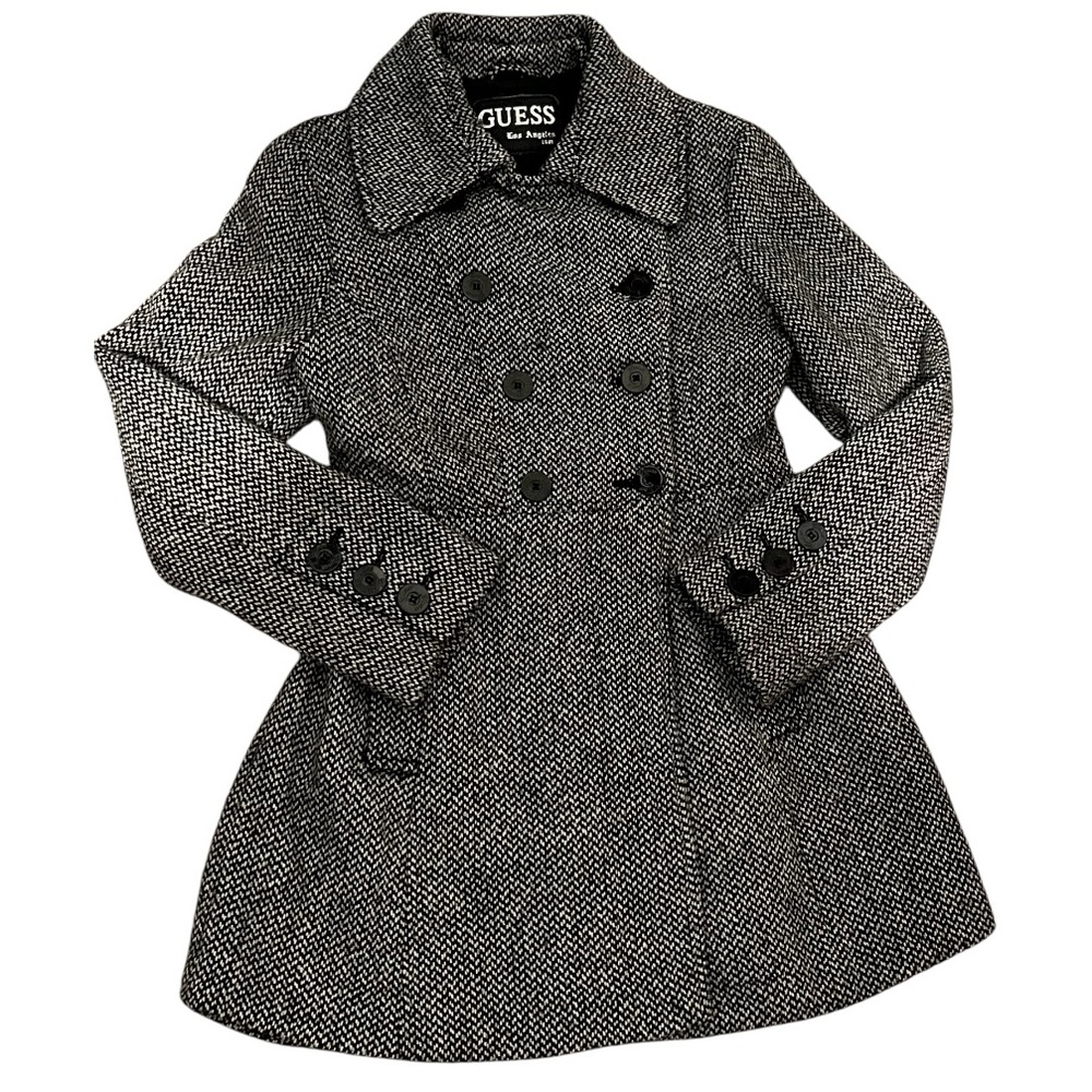 Guess Vintage Y2K Herringbone Tweed Chevron Double Breasted Wool Pea Coat